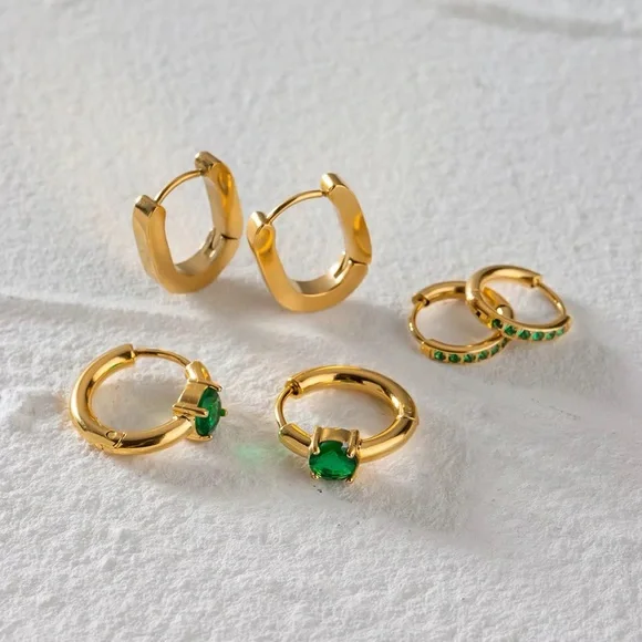3 Pairs | 18K Gold Plated Green Hoop Earrings Set - Picture 2 of 7